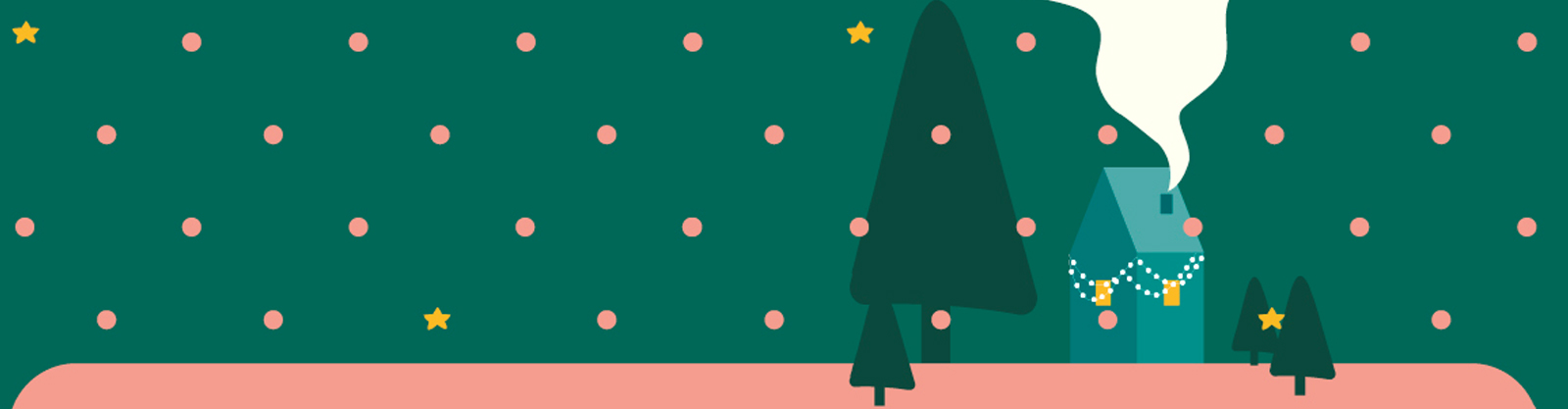 Groene achtergrond met stippen, kerstbomen en een huisje met rook uit de schoorsteen.