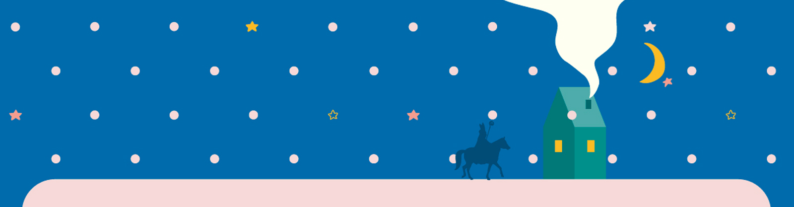 Silhouet van Sinterklaas op zijn paard op een dak tegen een blauwe achtergrond met stippen en sterren.