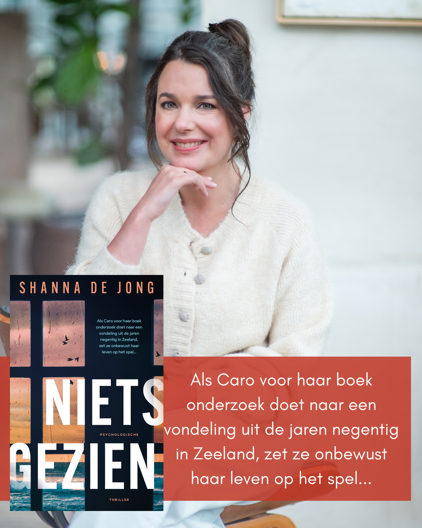 Shanna de Jong zit op een stil. Voor haar is het omslag van Niets Gezien geplakt.