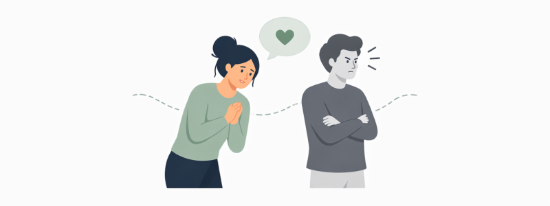 Illustratie van twee personen op lichte achtergrond, met een tekstwolk met hart erboven
