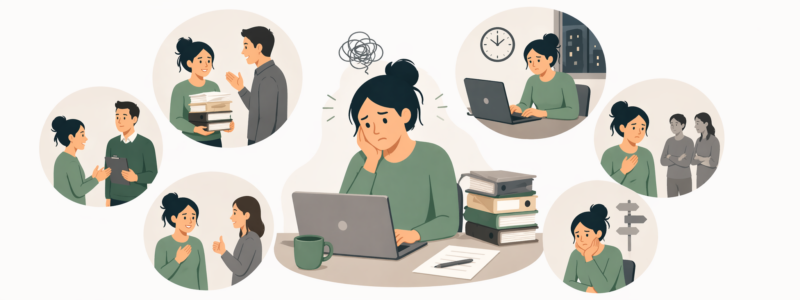 Illustratie van een vrouw achter een laptop met scènes van extra werk, overwerken en werkdruk eromheen