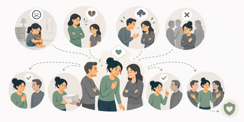 Illustratie van een vrouw in het midden die zich naar twee anderen toe buigt, met scènes van spanning en afwijzing erboven en scènes van aanpassen en harmonie bewaren eronder