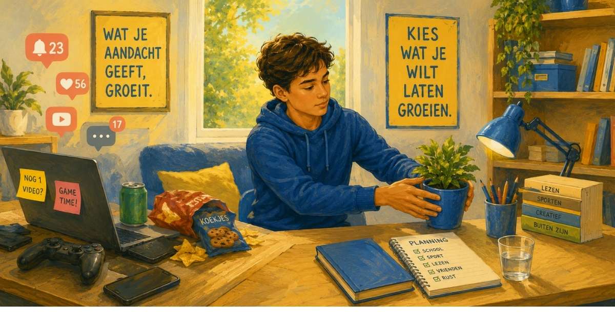 Een jongen in zijn kamer tussen verschillende vormen van vermaak en voeding