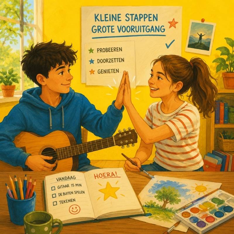 Een jongen en een meisje zijn creatief bezig en voelen zich blij.