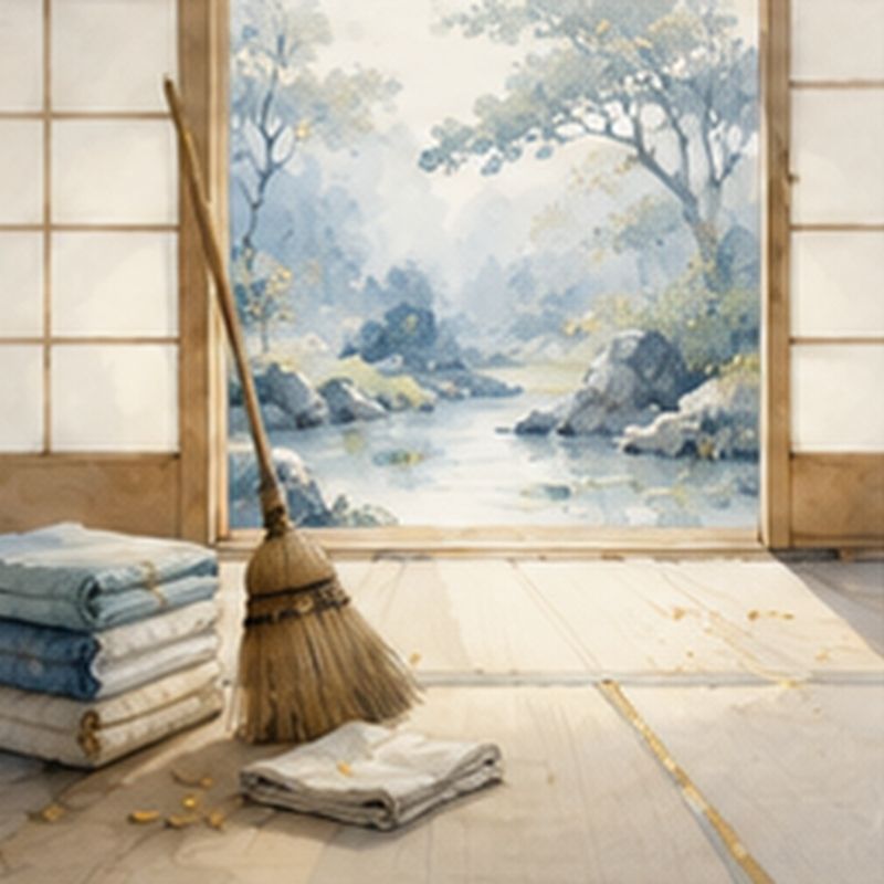 Een Japanse kamer met een stapeltje kleren en een bezem